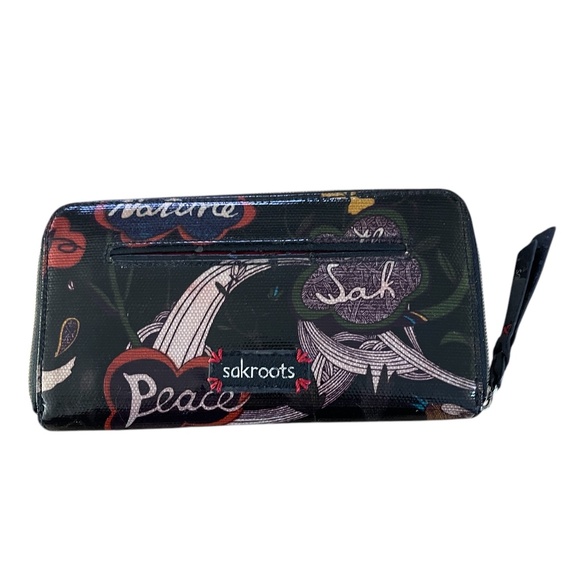 Sakroots Peace Bird Zippered Wallet Black Background Boho - Picture 1 of 8